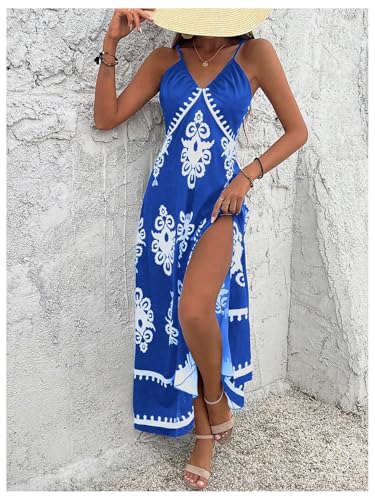 Image of Floerns Women's Boho Print V Neck Split Cami Dress Sleeveless Vacation A Line Maxi Dresses