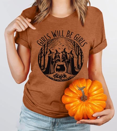 Halloween Shirts for Women Witch Shirt Girls Will Be Girls T-Shirt Witches Tee Casual Halloween Party Short Sleeve Tops4