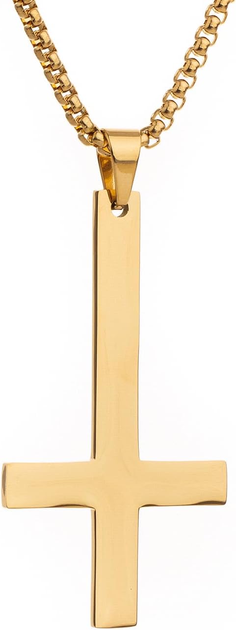 Upside Down Cross Necklace,316L Stainless Steel Inverted Cross Pendant,Satanic Devil Jewelry for Women Men with 23.6+1.96" Adjustable Chain