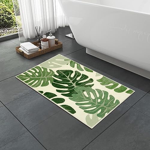 Lukinbox Leaf Area Rug 2x3 Green Washable Bathroom Rugs, Small Tropical Monstera Plant Velvet Kitchen Mat Non-Slip Bath Rug for Indoor Outdoor Entryway Bedroom Living Room Bedside