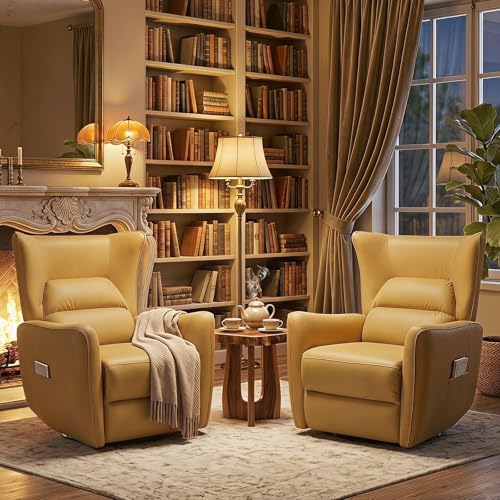 Image of HAOMARKETS 270Swivel Rocker Power Recliners for Adults Set of 2, Faux Leather Electric Glider Rocking Recliner Chair with Overstuffed Backrest, Nursery Reclining Sofa for Living Room, Lemon Yellow