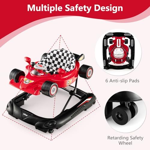 Image of INFANS Foldable Baby Walker, 3 in 1 Toddler Activity Center Leaning-Seated Walk-Behind with Steering Wheel, Adjustable Height, Lights, Music, Washable Seat Cushion (Red)