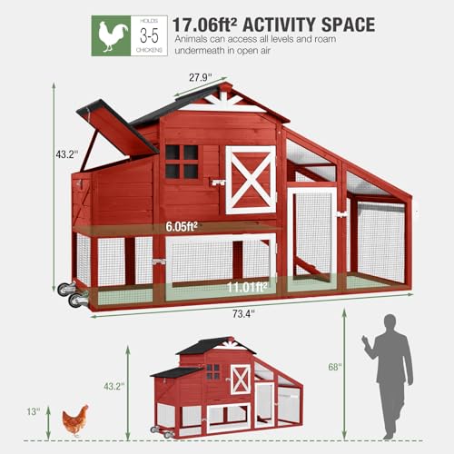 Image of Mobile Chicken Coop with Run, Large Wooden Hen House Poultry Cage with Wheels, Nesting Box, Pull-Out Tray, Waterproof Roof, Red, 73.4 inch L x 27.9 inch W x 43.2 inch H, for 3-5 Chickens