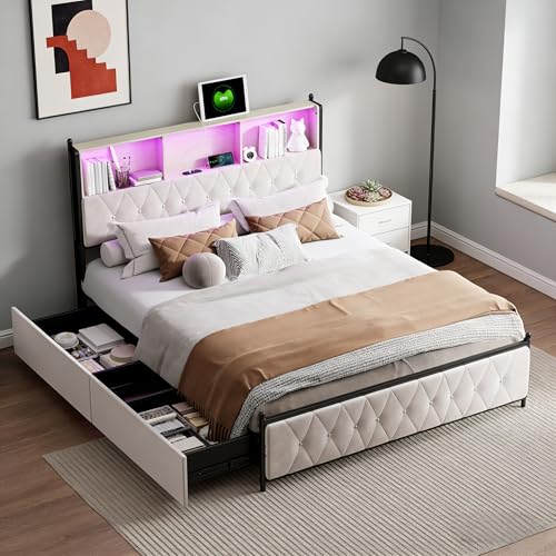 BRILVERDE Cama Tapizada 180x200 con Almacenamiento, Cama matrimonial con cajones, con LED y USB, Cabecero Acolchado y Base de Láminas, Terciopelo (Beige, 180 x 200 cm)