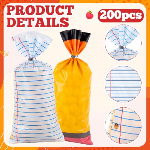 Image of 200 Pcs Back to School Popcorn Bags Bulk First Day of School Gift Bags Candy Treat Goodie Containers with 200 Silver Twist Ties for Grad Party Supplies