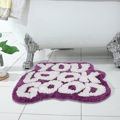 Image of TOIVO You Look Good Bath Mat - Stylish Funny Pink Bathroom Rug with Cute Words, Absorbent & Non-Slip - 25x21 inch (Purple)