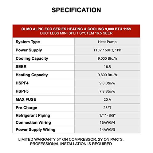 Olmo Alpic 9,000 Btu, 110/120V Ductless Mini Split Ac/Heating System With Heat Pump Including 16Ft Installation Kit #TOP2