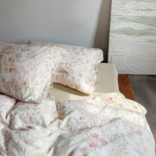 Image of VM VOUGEMARKET Cottagecore Wildflower Duvet Cover Set Twin,Luxury Crinkled Double Layer Cotton Bedding Bedding Set,Lightweight Breathable Floral Comforter Cover for Girls Women