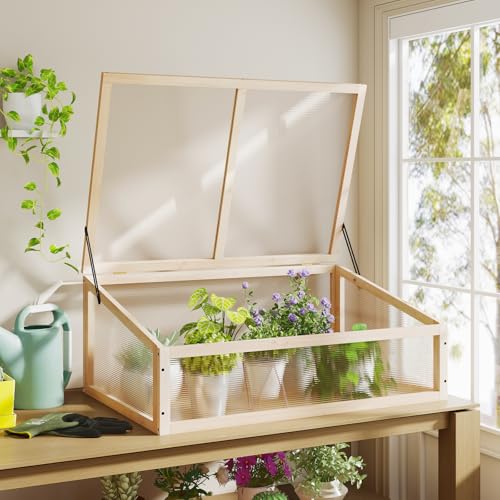 FANTASK Frühbeet Gewächshaus, 94 x 63 x 40 cm, Frühbeete Hochbeete mit Abdeckung, mini Gewächshaus, Treibhaus, Frühbeetkasten Aufsatz für Garten, Terrasse & Balkon (Natur)