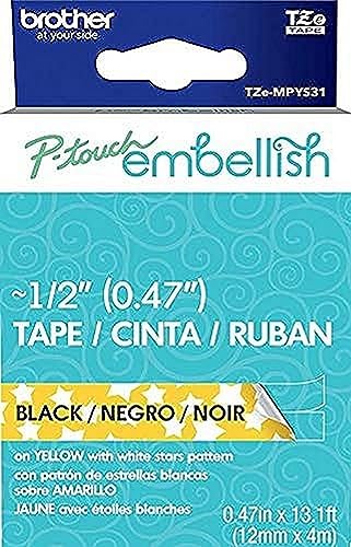 Image of Brother P-Touch Embellish Black Print on Yellow Stars Patterned Tape TZEMPYS31 - ~ inch Wide x 13.1' Long for use with P-Touch Embellish Ribbon & Tape Printer