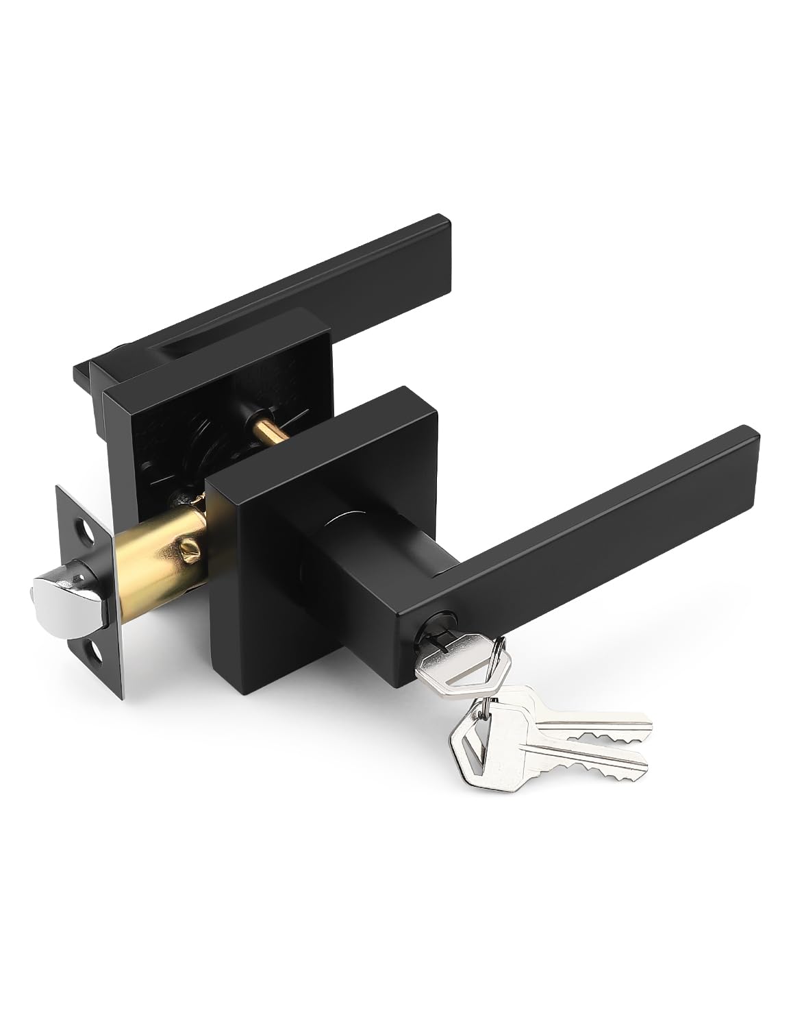 Tinewa Square Entry Door Lever with Lock and Key, Matte Black Entrance Door Handles, for Exterior or Interior Doors,1 Pack (Each with 3 Keys)