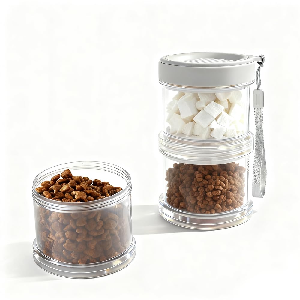 HANZOTO 2025 Upgraded Airtight Dog Treat Container, Leak-Proof Stackable Pet Food Jar 2/3/4 Layers, Portable with Lanyard for Outdoor, Travel, Training & Home, Food-Grade PP (White)