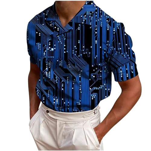 Mens Shirts Casual Long Sleeve Fashion Circuit Board Tshirts Computer Graphic Shirt Button Down Blouse Holiday Tops Blue