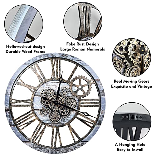 The B-Style 36" Large Moving Gear Wall Clock Oversized Vintage Farmhouse Wall Clocks For Living Room Decor Rustic Industrial Wood Clock (Aqua Green) #TOP1