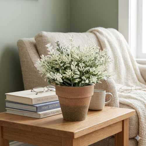 Image of Garden Art Artificial Lavender Plant in Rustic Pot - Realistic Faux Lavender Flowers for Home Decor, Office Desk, Tabletop, Farmhouse & Modern Decorationt (P-093White)
