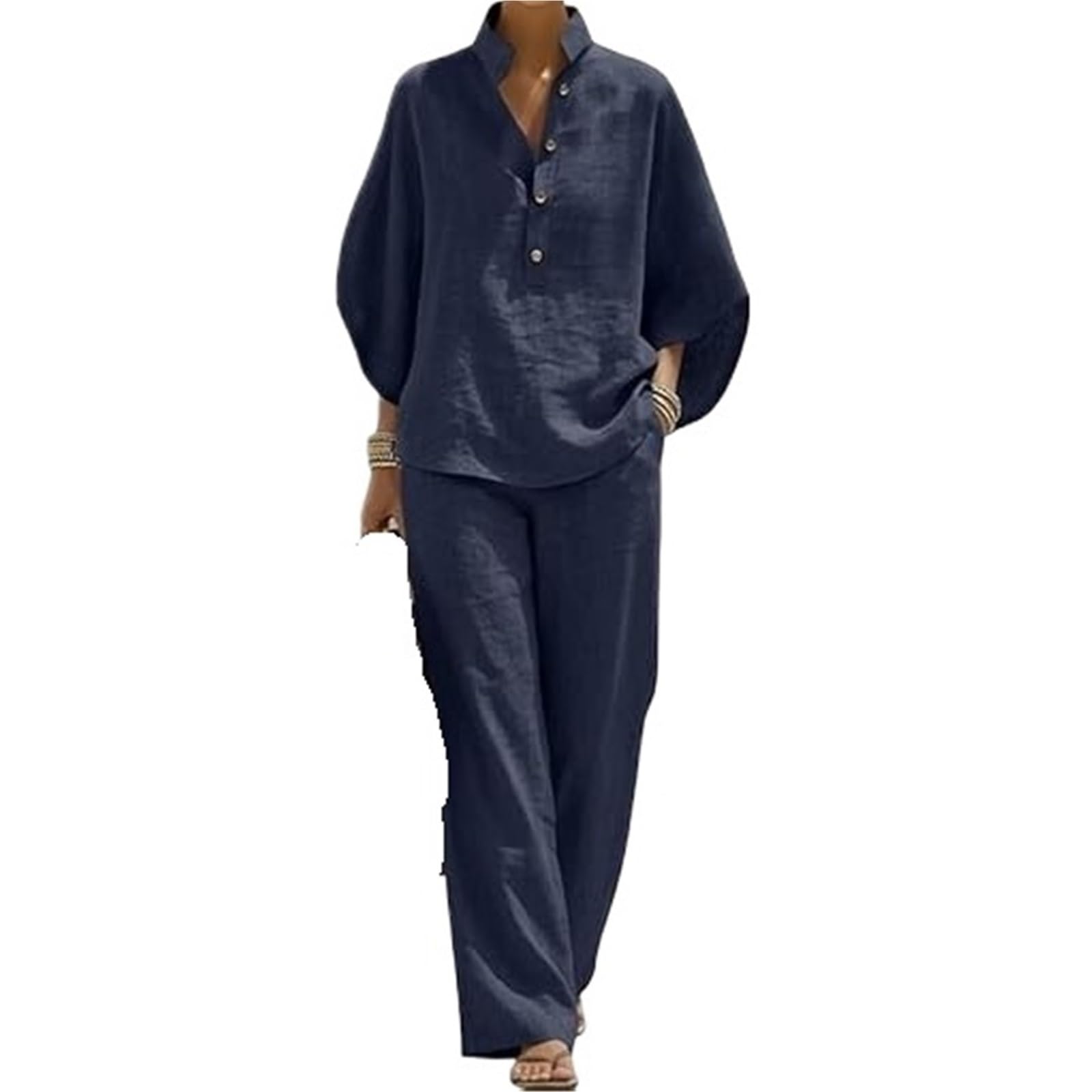 Ensemble Deux PièCes En Lin Et Coton à Manches Ensemble deux pièces en coton et lin à manches chauve-souris for femmes, chemise décontractée pantalon jambes larges