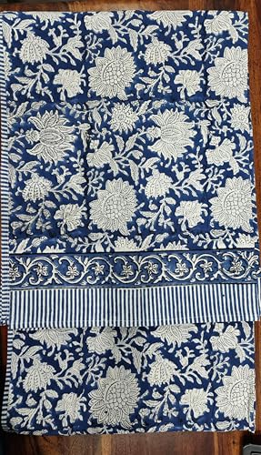 Nappe rectangulaire 100 % coton bleu imprimé fleuri fait main artisanale - 2