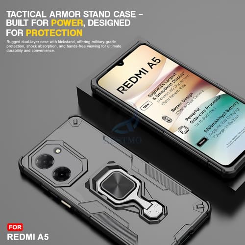 Image of AESTMO Armor Back Cover for Redmi A5 / Poco C71 | Ring Holder & Kickstand & Camera Protection in-Built | 360 Degree Protection Back Case Cover (Black)