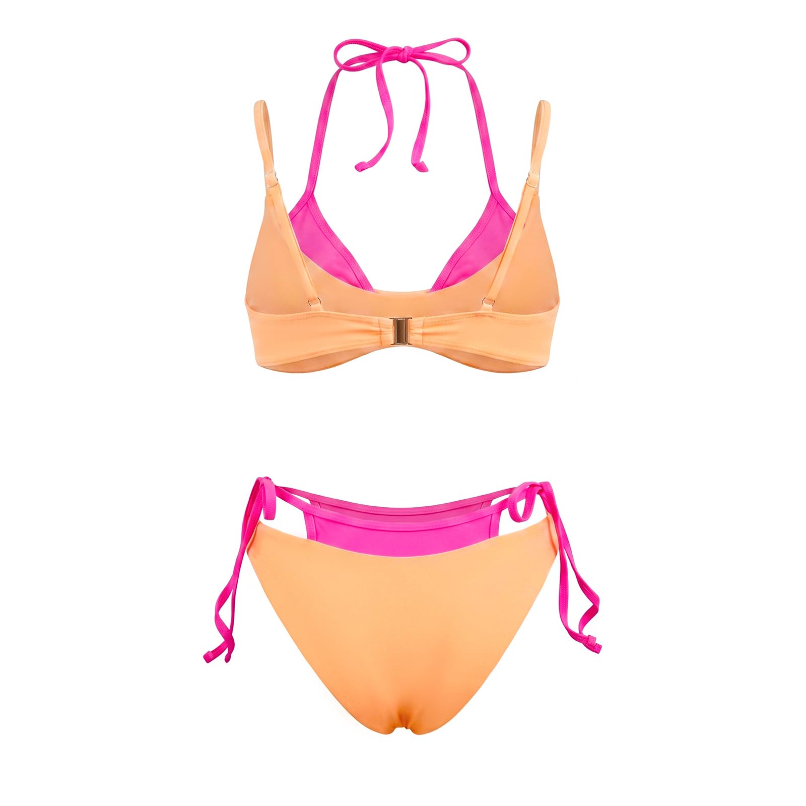 Sexy outfit Damski komplet bikini typu stringi wiązany na szyi Dwuwarstwowy strój kąpielowy z blokiem kolorów, wiązany po bokach na imprezę przy basenie na plaży