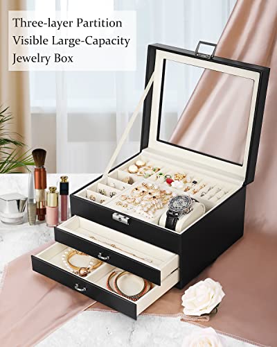 Jewelry Boxes For Women With Glass Lid Top 3-Layer Jewelry Organizer Box 2 Drawers With Lock&Key For Earring Ring Necklace Bracelet Watch Christmas Valentin’s Day Gift Present For Her Wrapped In Box #TOP2