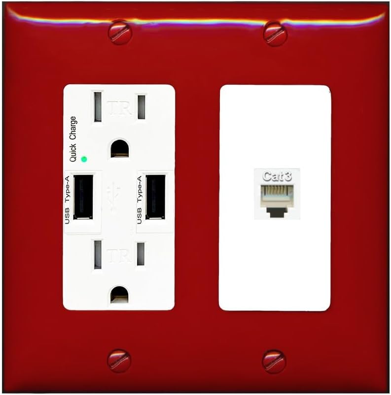 RiteAV Phone Wall Plate - 1 Port RJ11-RJ12 Telephone Jack Cover Faceplate - USB Outlet [Red/White]