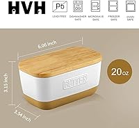 Vista 4 de HVH Mantequillera de cerámica con tapa para encimera, mantequilla hermético con tapa de madera, platos de mantequilla con tapas, recipiente