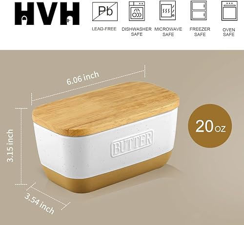 Miniatura 4 de HVH Mantequillera de cerámica con tapa para encimera, mantequilla hermético con tapa de madera, platos de mantequilla con tapas, recipiente de