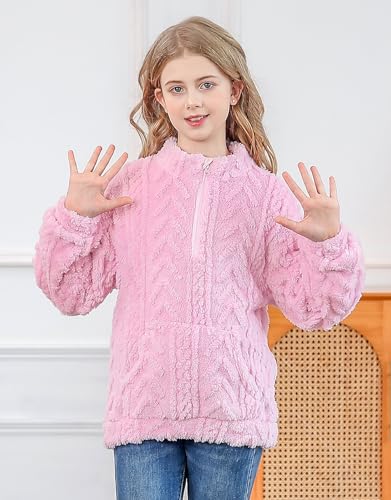 RAISEVERN Girls Sweatshirt Quarter Zipper Warm Sherpa Fleece Jacket Pullover Hoodies with Pockets 6-13 Years2