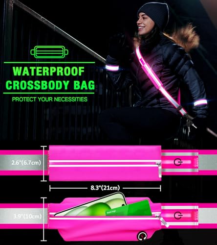 LED Belt Reflective Sash for Walking at Night,High Visibility Adjustable Night Running Safety Gear,Light Up Running Belt Reflective Gear with Phone Bag/Armband for Runners Walkers Men Women (Pink) - Image 3