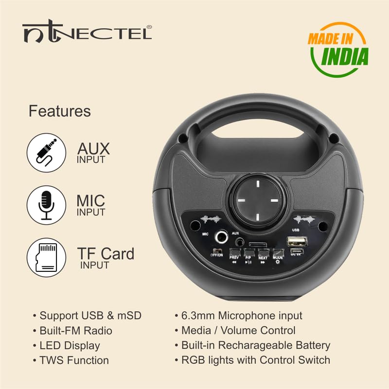 Image of 50W Portable Multimedia Bluetooth Speaker with Dual 4 inch Drivers, RGB Lights, Mic Input, USB /TF /FM /AUX, TWS, Remote, Built‑in Rechargeable Battery for Party use (3H Playtime)