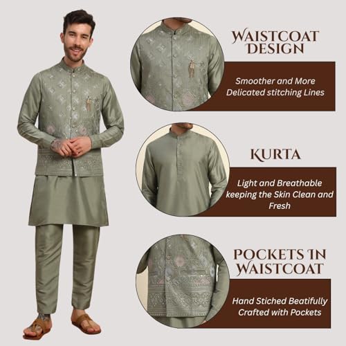 Mens Heavy Cotton Silk Sequence Kurta Trouser Set With Waistcoat (Nehru Jacket) (C-118)4