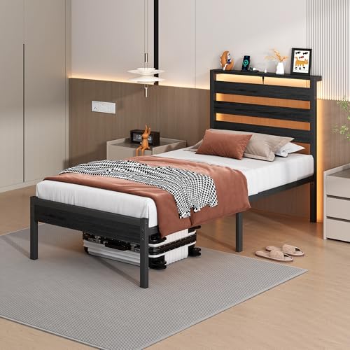 Image of CLIBFENG Bed Frame Twin Size with USB Charging Station, LED Bed Frame with Wood Storage Headboard, Black Metal Platform Bed with Under Bed Storage, No Box Spring Needed, Noise Free