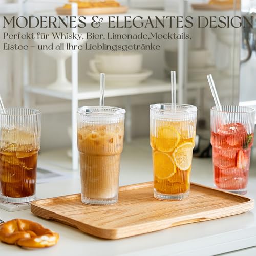 KEMORELA 4 Stück Trinkbecher mit Deckel und Strohhalm aus Glas, 600ml Gerippte Glasbecher Set für Eiskaffee, Latte Macchiato… – Ansicht 3
