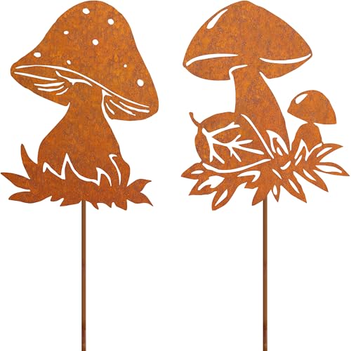 JYUECIAN Roststecker Pilz Gartenstecker Herbst Rost Deko für Garten, Edelrost Metall Fliegenpilze groß Gartendeko für Draußen