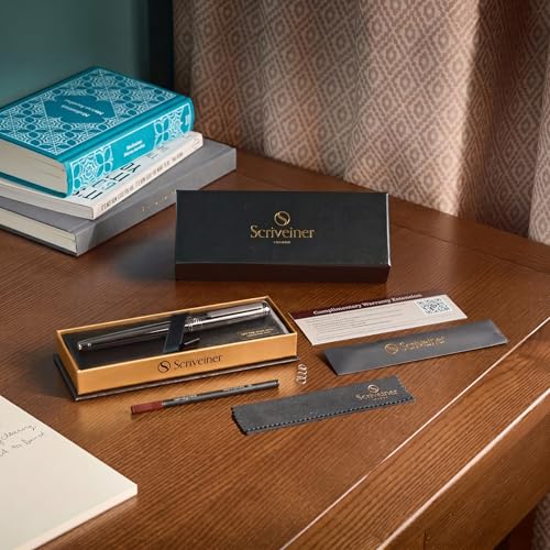 Image of Scriveiner Gun-Metal Rollerball Pen - Stunning Luxury Pen, Schmidt Ink Refill, Best Roller Ball Gift Set for Men & Women, Professional, Executive Office, Nice Pens