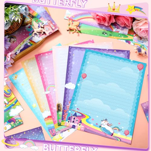 Image of TaoBary 160 Pcs Stationery Paper Set 50 Double Sided Stationery Papers with 50 Matching Envelopes and 60 Round Dot Sticker, 10 Design(Unicorn,8.5 x 11 Inch)