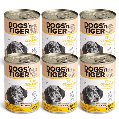 Dogs'n Tiger Junior, Comida húmeda Premium para Cachorros, finamente Hecha, fórmula con 67% de Carne de Pollo con Batata, sin Cereales, azúcar y sabores Artificiales, 6 x 400 g