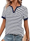 LilyCoco Women's Striped Shirt Color Block Short Sleeve Tops Notched Neck Summer Tee Notch Navy Small