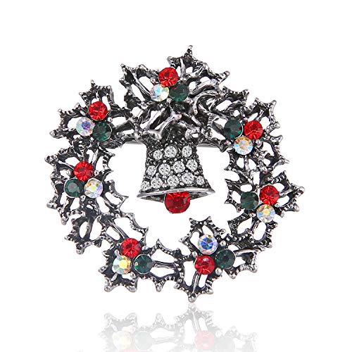 Gyn&Joy Green Red Austrian Crystal Round Wreath Bell Brooch Pin Christams Gift (Old silver)