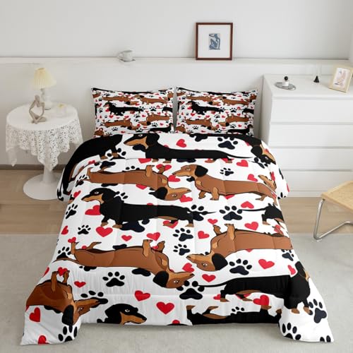 Image of Feelyou Dachshund Bedding Set for Girls Boys Kids Sausage Dog Comforter Lovely Red Love Hearts Animal Paw Comforter Set Room Decor Cute Pet Dog Duvet Set Full Size Bedspreads Coverlet Sets 3Pcs Boys