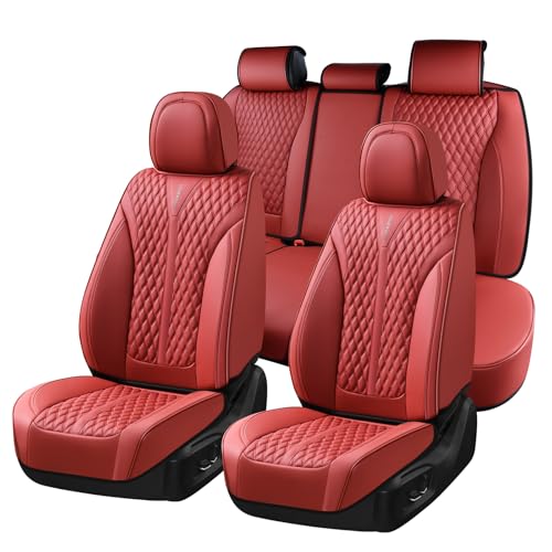 Image of Coverado Car Seat Covers Full Set, Waterproof Nappa Leather Seat Covers for Cars, Front and Back Car Seat Protector, Luxury Car Seat Covers, 5 Seats Universal Red Car Seat Cover Fit for Most Cars