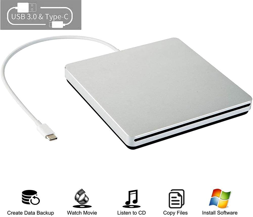 Grabador externo de unidad de CD y DVD/portátil/delgado/lector/tipo c/unidad USB-C (equipada con adaptador USB 3.0) para MacBook Pro/PC/Mac/Laptop/Air Windows7/Windows8/Windows10 (plateado) 3