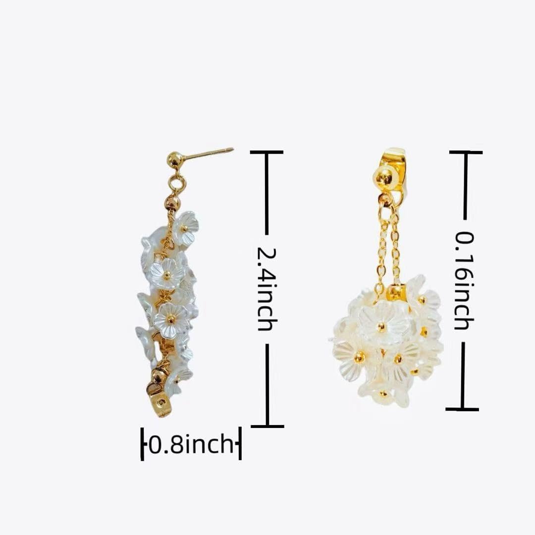 Flower Drop Earrings, Gold Chain Dangle,White Floral Cluster - Image 2