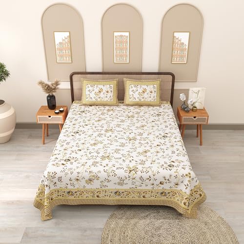 Image of 144 TC 100% Cotton Bedsheet for Double Bed King Size with 2 Pillow Covers | Breathable & Super Soft Rajasthani Sanganeri Jaipuri Printed Bed Sheet - 90 * 108 Inches (Floral Brown White)