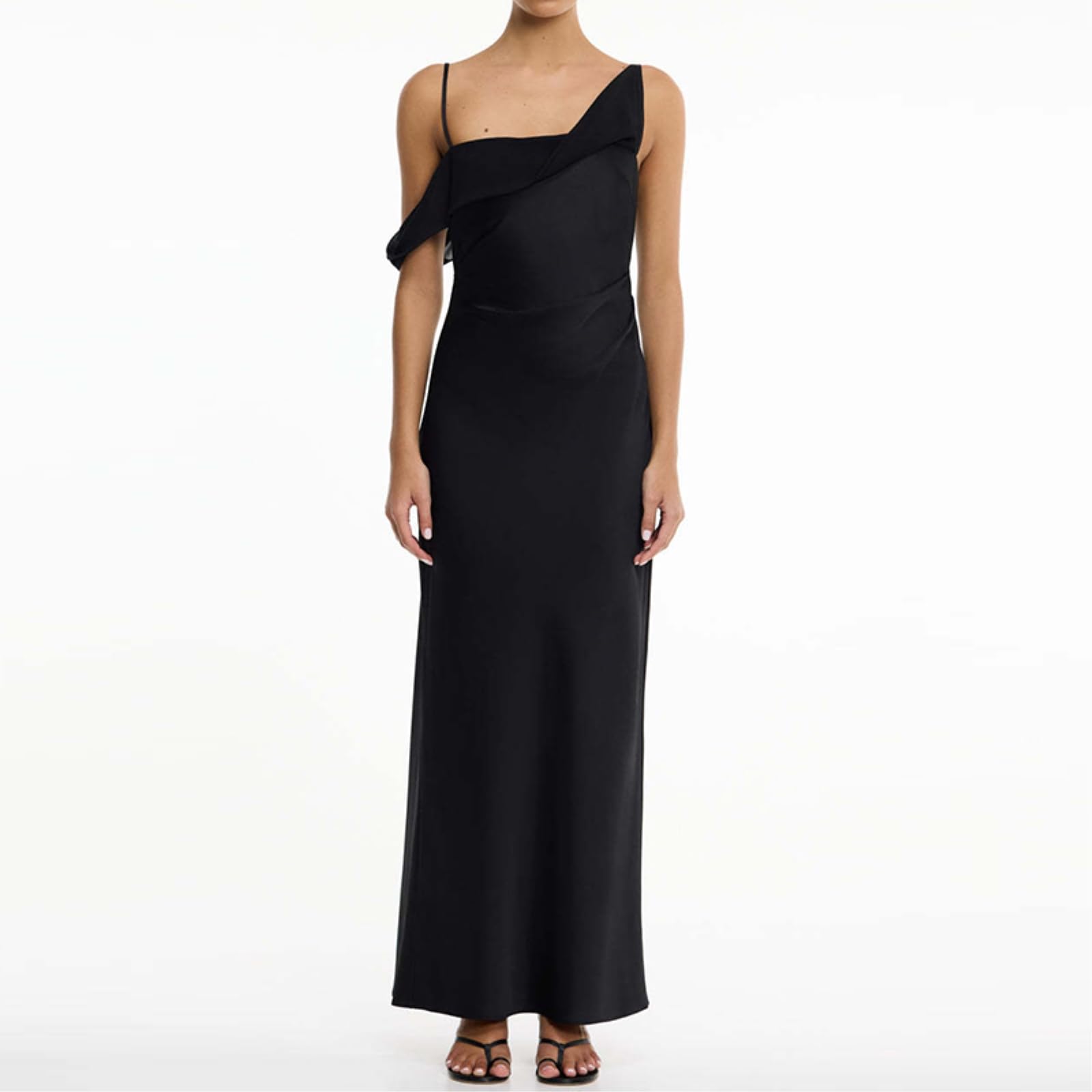 Abito Donna Una Spalla Raso Maxi Asimmetrico Drappato da Sera, Mucca Cinturina Asimmetrica Abito-05 Blue-s