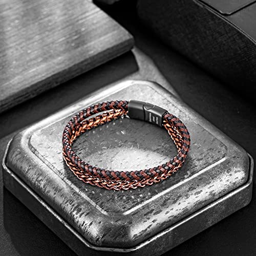 Image of Men's Leather and Steel Chain Bracelet with Clasp