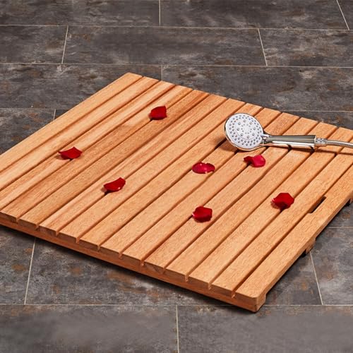 Alfombrilla de baño de bambú para ducha, spa, impermeable, antideslizante, con diseño de asa, alfombra de baño rectangular de madera para baño, ducha y suelo de madera (60 x 110 cm)