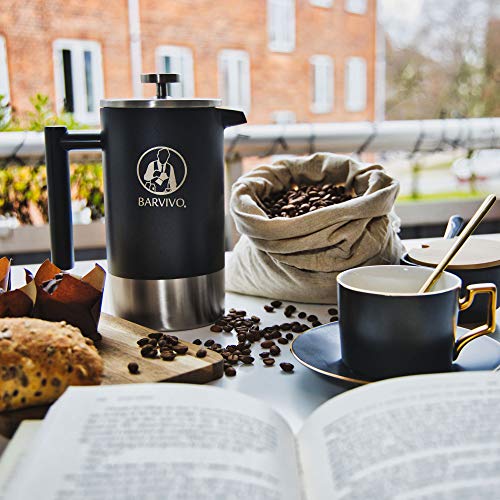 BARVIVO French Press Coffee Maker - Best for Brewing Your Favorite Cup of Coffee or Tea - Comes with a Small Portable Travel Jar - The Black Double Insulated Stainless Steel body holds 34oz