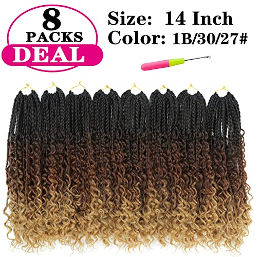 8 Packs Crochet Box Braids- 14 Inch Boho Box Braids Crochet Braids Hair Bohomian Box Braid Crochet Hair Synthetic Braiding Hair Goddess Box Braids Crochet Hair For Black Women(1B/30/27) #TOP5