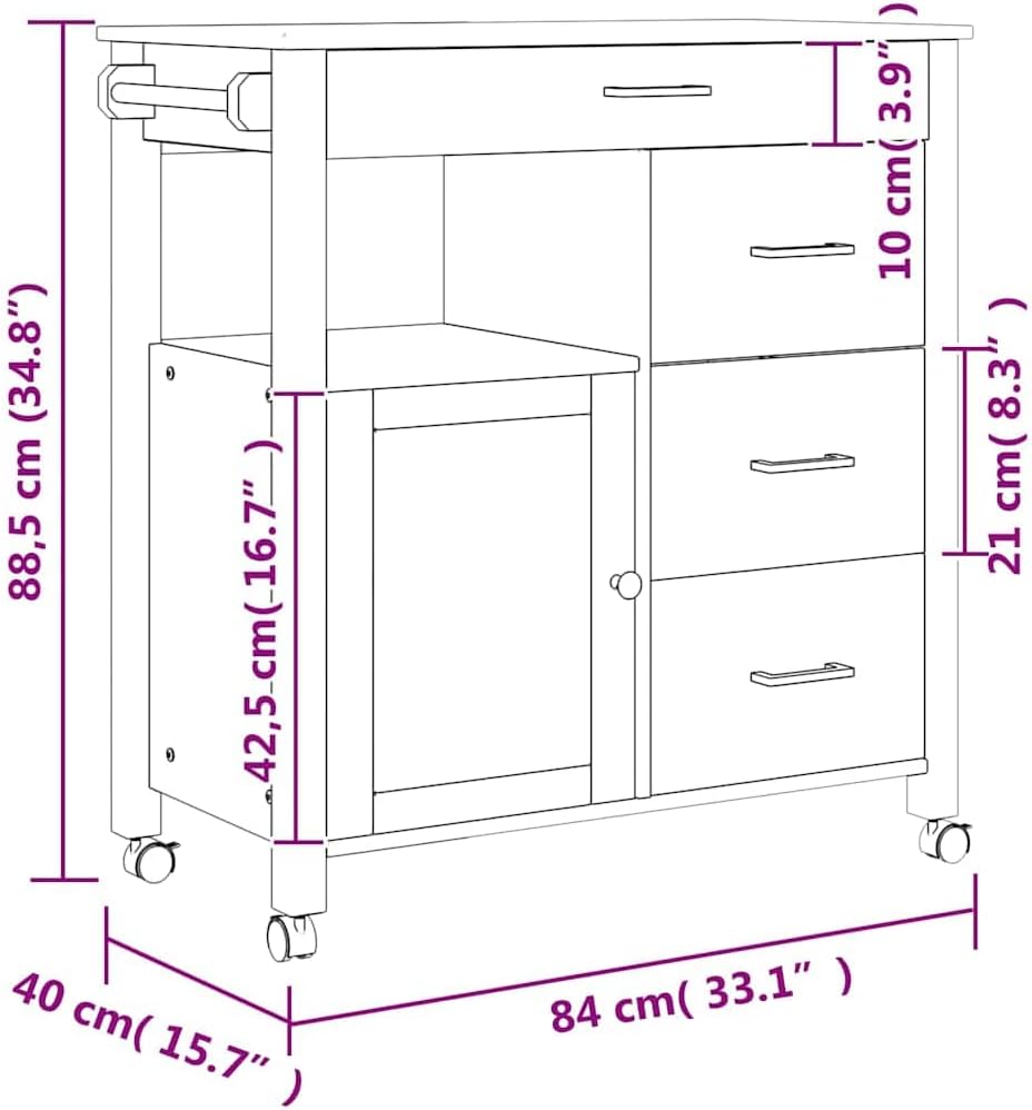 Kitchen Trolley Monza Solid Pine Wood Rolling Kitchen cart 33.1"x15.7"x34.8" with 4 Drawers and Door Kitchen Storage cart with Wheels for Dining Utility and Food use